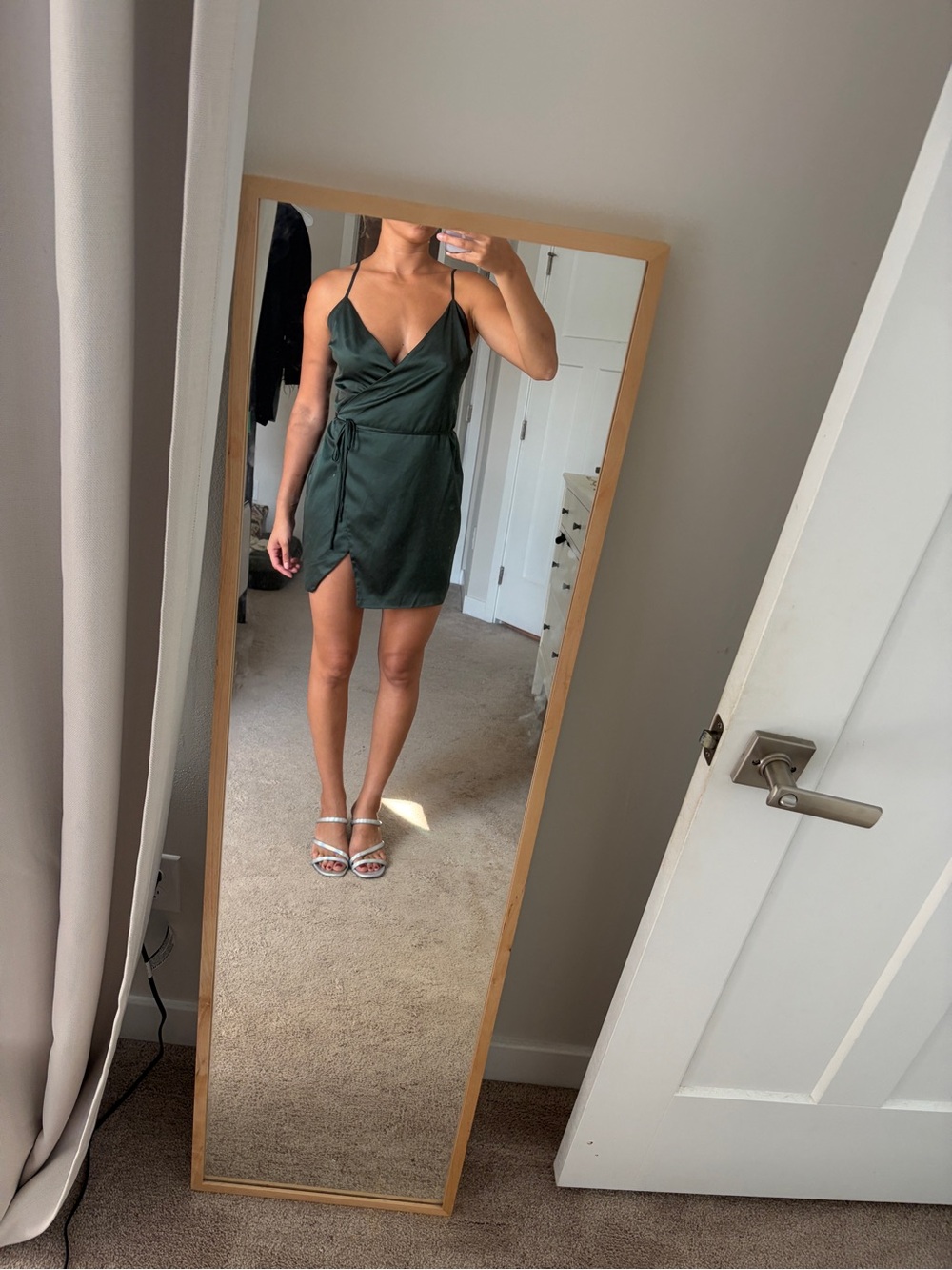 Majorelle Dark Green Satin Wrap Mini Dress